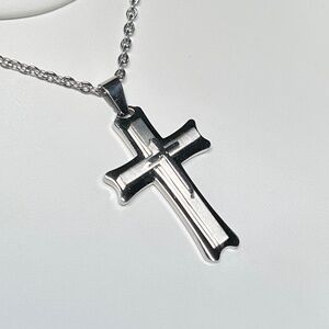 TOCARA Solid Stainless Steel Brushed and Triple Layer Cross Pendant Necklace